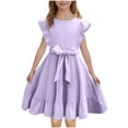 thumbnail image 3 of Milgrthf Robe à Volants pour Filles, Ligne A, Évasée, Ceinturée, Robe Décontractée de Fête, Couleur Unie, avec Ceinture, pour Adolescentes de 6 à 16 Ans, Violet, 3 of 9