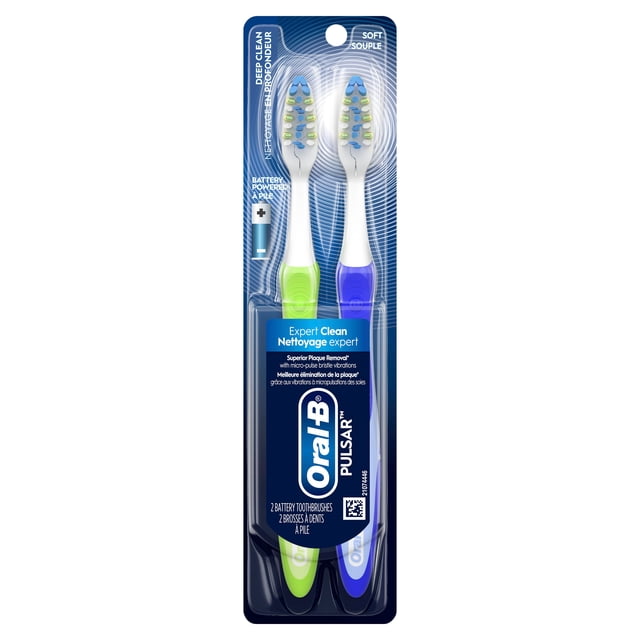 Oral-B Pulsar Pro-Health Battery Powered Toothbrush pack with two soft-bristle battery-operated toothbrushes in green and blue handles, featuring micro-pulse vibrations for deep plaque removal and expert cleaning, battery included.