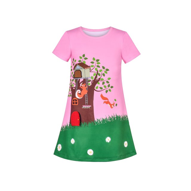 Girls Dress Tee Shirt Forest Tree House Applique Squirrel Short Sleeve 8 Years