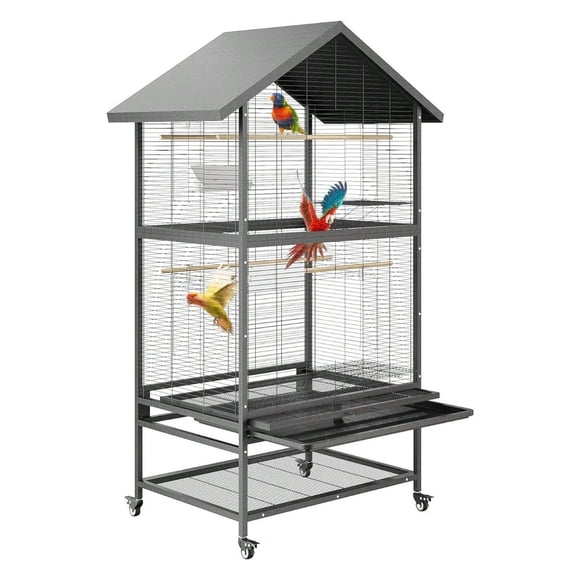 65 Inch Large Double Bridge Metal Bird Cage with Wheels 4 Perches 4 Feed Bowls and Storage Shelves for Parakeet Conure Cockatoo