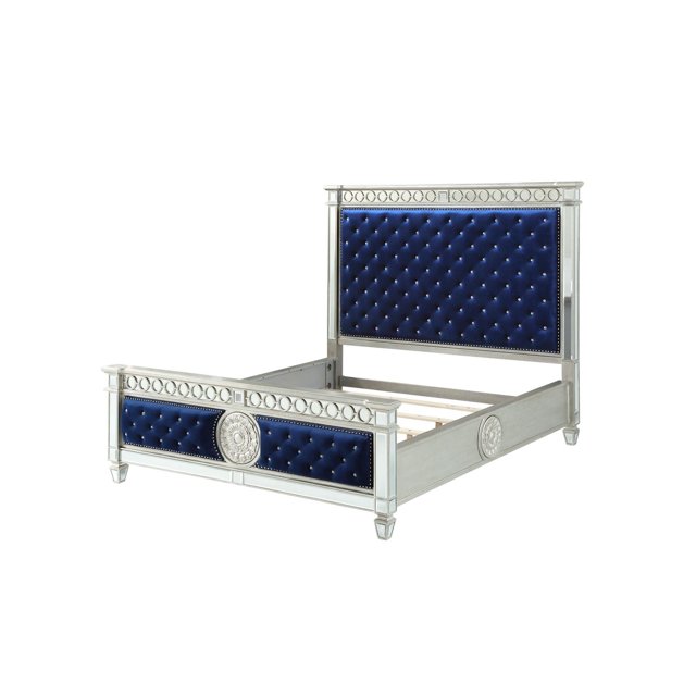 ACME Varian Eastern King Bed in Blue Velvet & Mirrored