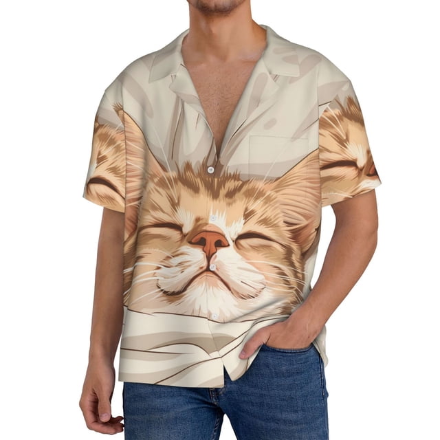 Balery Chat Endormi en Couverture Chemise Décontractée à Boutons Manches Courtes Texturée Été Cubain Plage Chemises-Petit