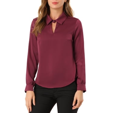 INSPIRE CHIC Women's Satin Top Long Sleeves Elegant V Neck Collar Work Office Blouse XL Burgundy
