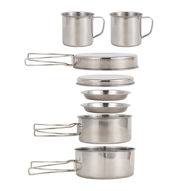 Ensemble de Vaisselle de Camping 8 Pcs en Acier Inoxydable, Marmite et Poêle avec Assiettes et Tasses