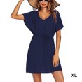 thumbnail image 1 of Robes à Col en V pour Femmes Mode Taille S-TTG Manches Courtes Jupe de Plage au-Dessus du Genou Robe Unie Robe de Plage Mode Urbaine Bleu Foncé TG, 1 of 7