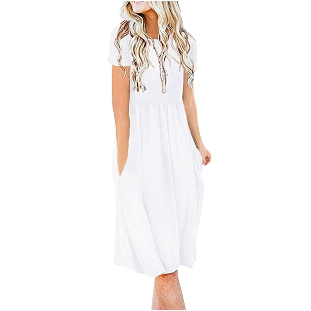 Pompotops Robe d'Été Décontractée de Plage Sans Manches à Paillettes pour Femme, Robe de Plage Formelle en Tissu polyester Blanc. Cette Robe Légère et Confortable Présente un Col Rond, une Coupe Ample et des Manches Courtes, Idéale pour les occasions d'Été comme les Fêtes, les Mariages Ou les Sorties à la Plage.