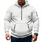 Tactical Hoodies for Men, Plus Size Quarter Zip Pullover Vintage Hooded Sweatshirt Oversized Fall Hoodie with Zip Pockets Mens Fall Fashion Sweaters White L