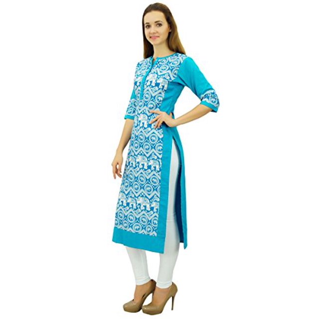 Phagun Kurta Droite Bleue de Designer pour Femme, Manches 3/4, Kurti Décontractée Imprimée-26