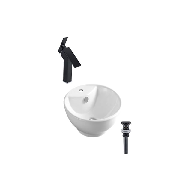 DROP Bath and Kitchen DR091254 Bathroom Vessel Sink Set with a round white ceramic vessel sink featuring a glossy finish and overflow hole, paired with a black single hole faucet and black drain, designed for above counter installation in bathroom renovations.