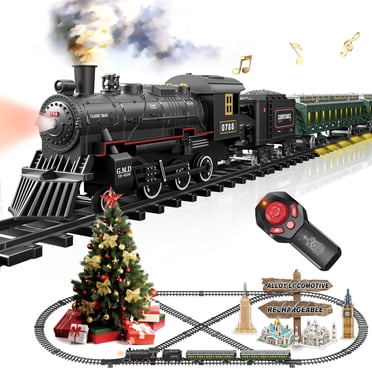 Electric Train Sets Remote Control for Kids Metal Alloy Christmas Train Toys Steam Locomotive Glowing Passenger Carriages Luxury Tracks Light & Sounds Rechargeable Birthday Gifts for Boys Girls Green.