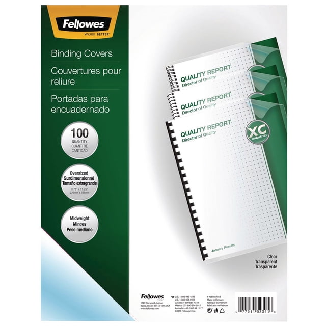 Couvertures en PVC Transparentes - Surdimensionnées, Lot de 100 par Fellowes Comprenant des Couvertures de Reliure Transparentes et Durables de Taille 8,75 par 11,25 Pouces avec des Coins Arrondis, Protégeant les Rapports de Qualité à Reliure en Spirale et Convenant à Divers Systèmes de Reliure, Idéales pour la protection et la Présentation de Documents.
