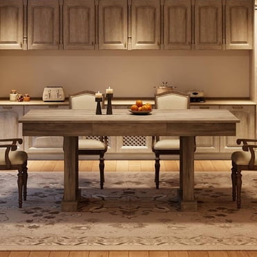 Ourlova Dining Table for 6 to 8 with 2 Drawers Wooden Kitchen Table with Double Pedestal Large Tabletop 8 Ft Large Rectangular Dinner Table with Sturdy Frame for Kitchen Office-Rustic Gray