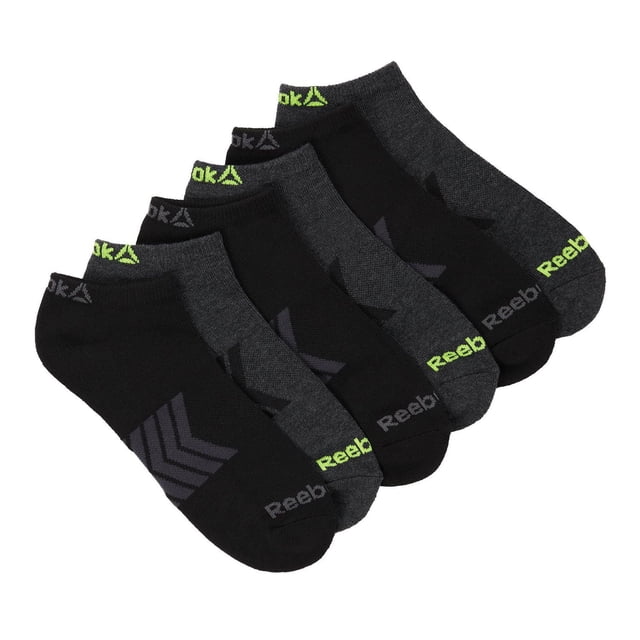 Reebok 6pk no show sock set includes six pairs of men's no show socks in black and dark gray with neon green Reebok branding on cuff and toe, sized 6-12.5, machine washable and suitable for casual or athletic wear.