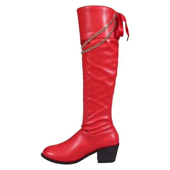 Zhanying Women's Knee High Boots Lace Strappy Flat Boots with Chain Fashion Long Boot Thigh High Chunky Heel Leather Boots Round Toe Tall Boots