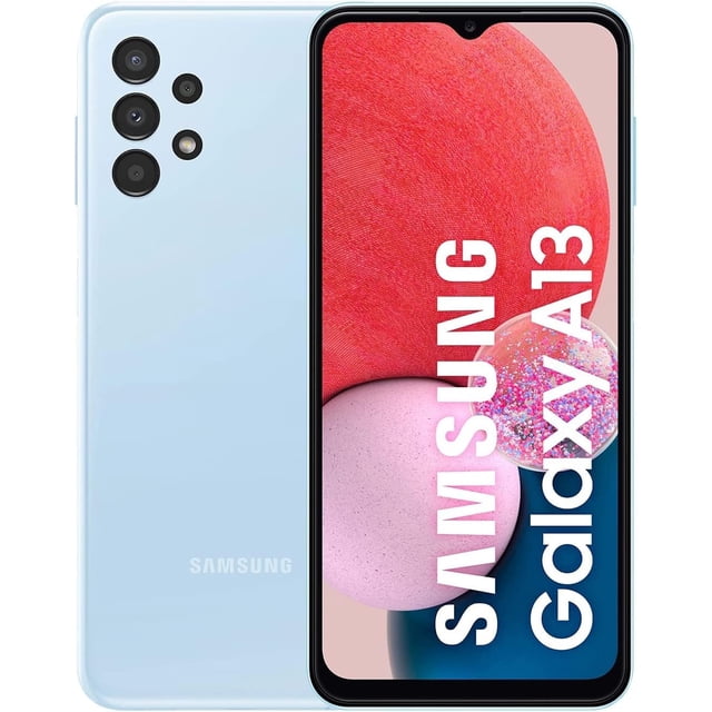 Refurbished Samsung Galaxy A13 4G smartphone in blue, featuring a 6.6-inch PLS LCD display with 1080 x 2408 resolution, 50MP triple rear cameras, and an 8MP front camera. Certified refurbished and fully unlocked, with a sleek design, side-mounted fingerprint sensor, and a robust 5000mAh battery for all-day use.