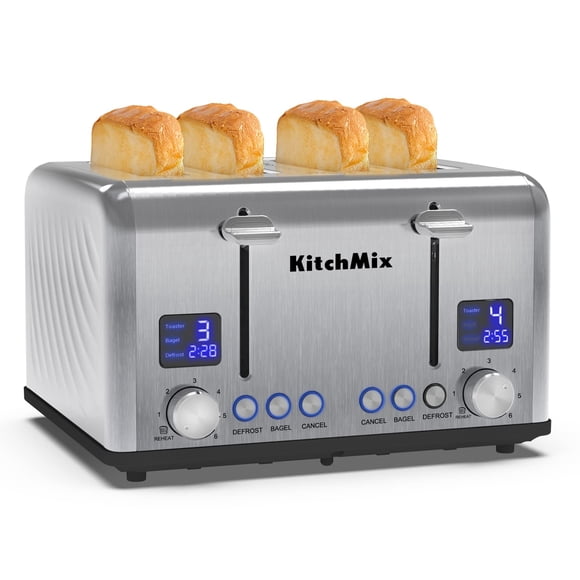 Toaster 4 Slice, Bagel Stainless Toaster with LCD Timer, Extra Wide Slots, Dual Screen, Removal Crumb Tray (Stainless steel)