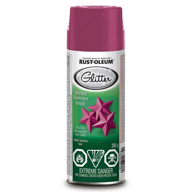 Rust-Oleum Specialty Glitter Spray Paint Bright Pink aerosol can with magenta cap, providing an intense shimmer finish ideal for crafts and decorations on multiple surfaces, labeled with safety warnings and 290 g net weight.