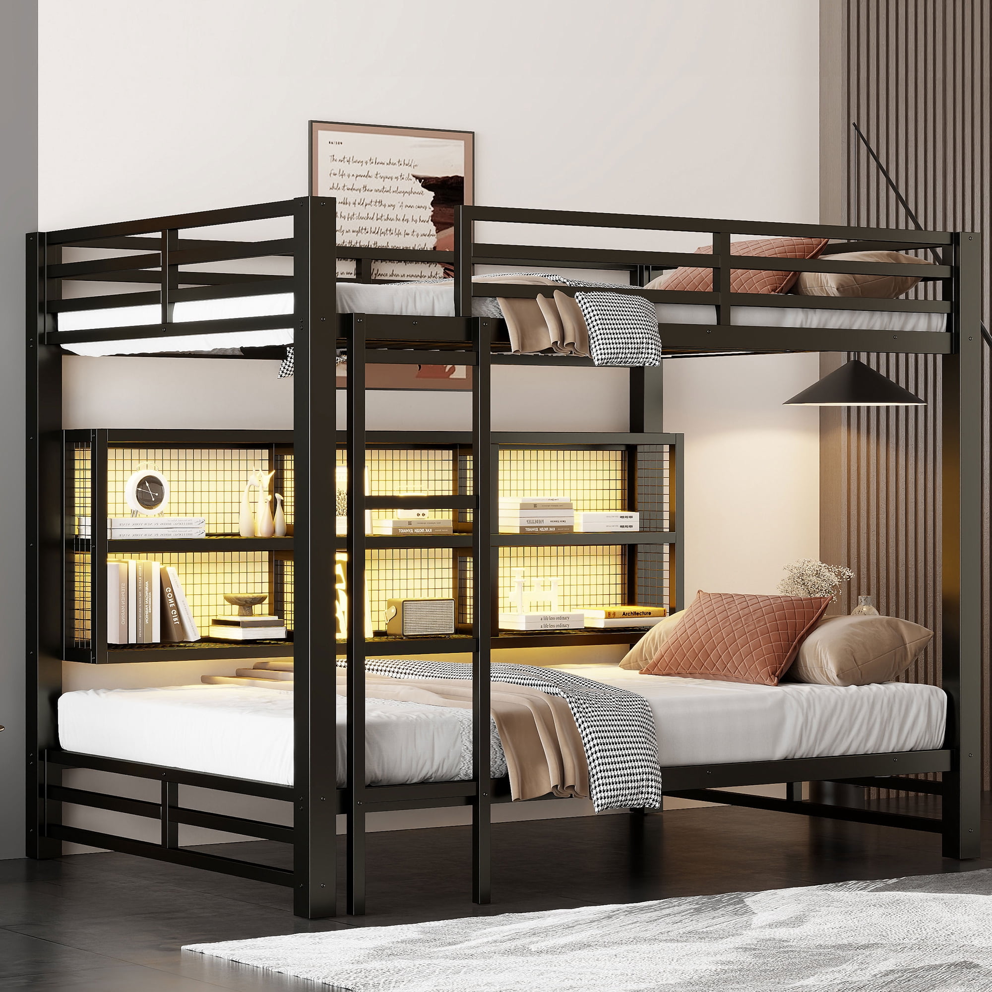 Noble House Metal Queen over Queen Bunk Bed with Storage Cabinets and LED, Black