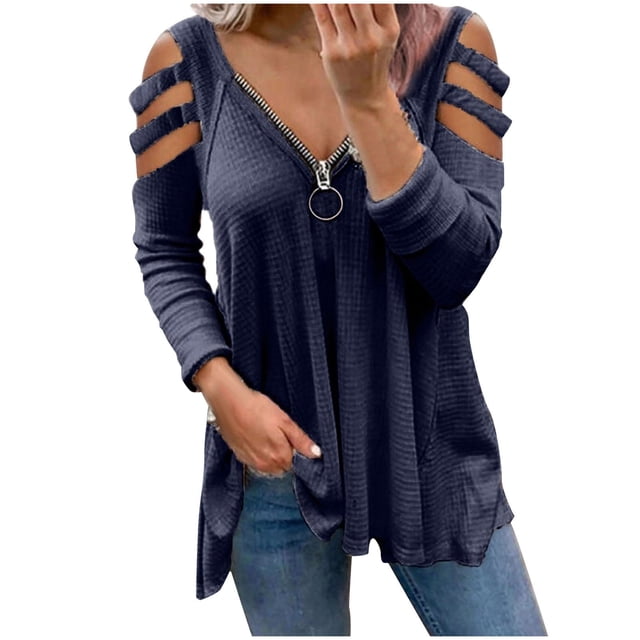 PVCS T-Shirt Blouse à Manches Longues Décontractée pour Femmes avec Fermeture Éclair et Découpes