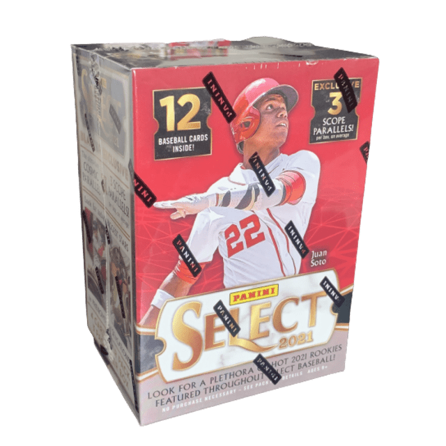 Boîte Scellée en Usine 2021 Panini Select Baseball MLB avec Emballage Rouge et Or vibrant, Mettant en Valeur l'Image des Joueurs et la Marque Panini. Contient 12 Cartes de Baseball et 3 Parallèles de Portée Exclusifs. Idéale pour les Collectionneurs de Cartes à Échanger Sportives. Neuve et Scellée.