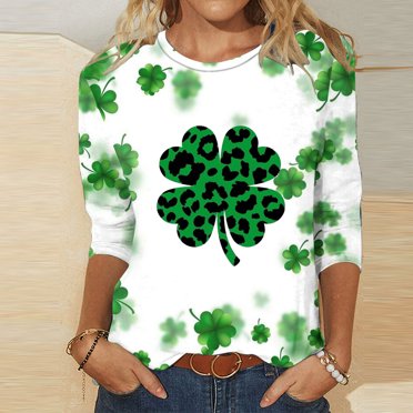 Meichang Hauts à Manches 3/4 pour Femmes, T-Shirts de la Saint-Patrick, T-Shirts Graphiques Trèfle Porte-Bonheur, Col Rond, Coupe Ample, Vert, Soldes 2025