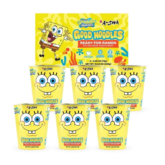 A-Sha & SpongeBob Squarepants Good Noodles (6 Pack) | Ready for Ramen (Mildly Spicy Flavor) | Better For You Microwaveable Ramen Soup Mix | Rich And Creamy Tonkotsu Broth