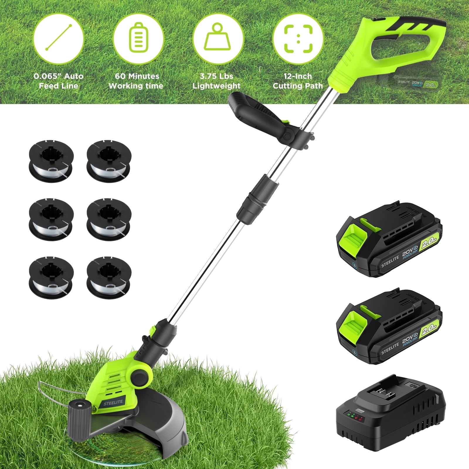 Steelite 12-inch 21V Cordless String Trimmer, Battery Powered Weed Wacker & Lightweight Grass Trimmer with 2 x 2.0Ah Batteries and Charger, Electric Grass Cutter for Lawn Care and Edging