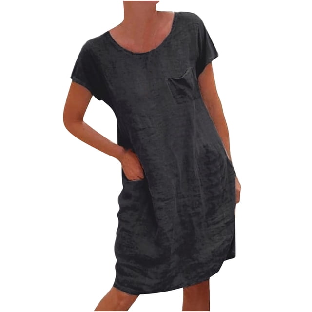 QIPOPIQ Robes pour Femmes avec Poches Manches Courtes Robes Décontractées Col Rond Robe d'Été Robes Unies Offres 2023