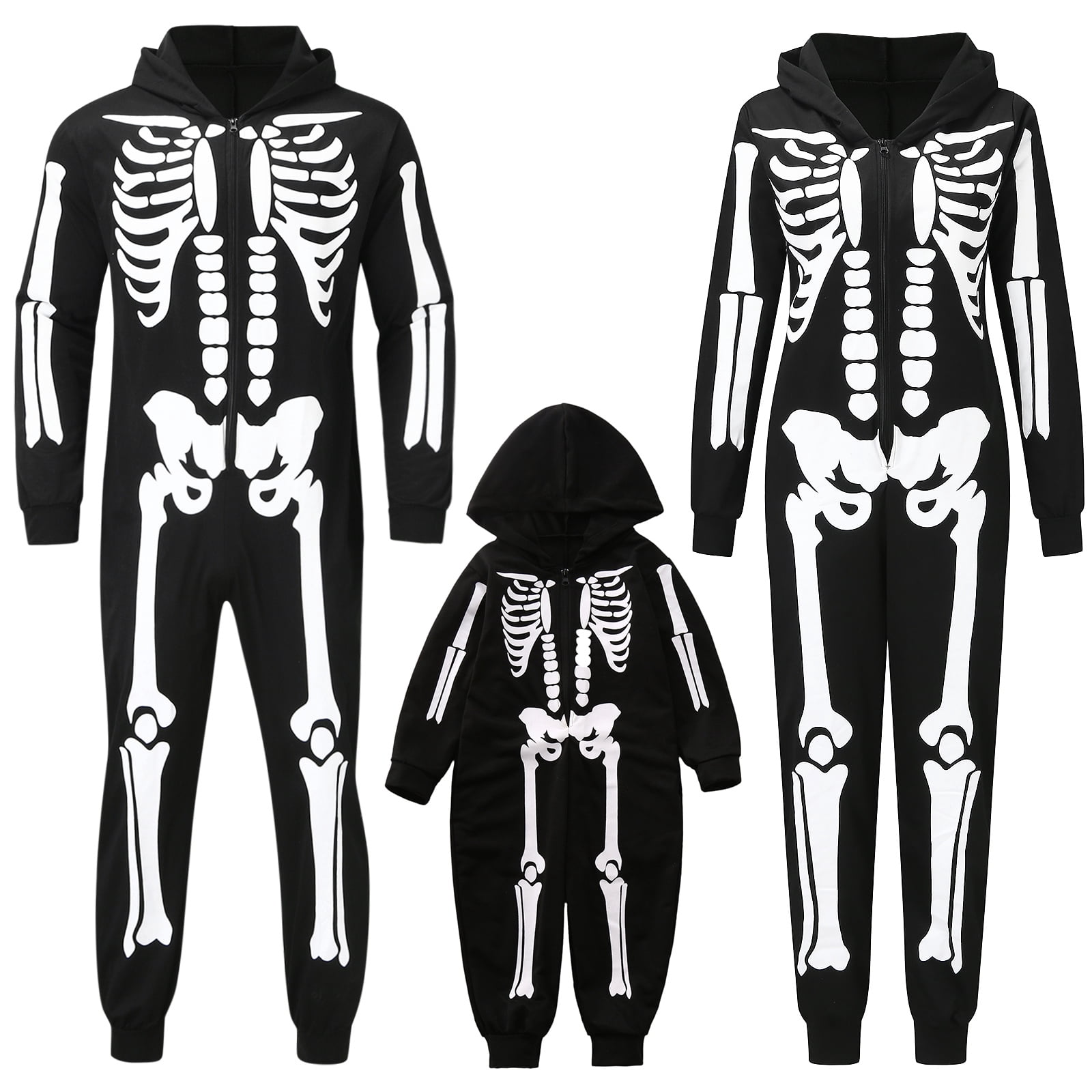 FOCUSNORM Family Matching Halloween Pajamas Skeleton Print Long Sleeve Hooded Romper with Zipper