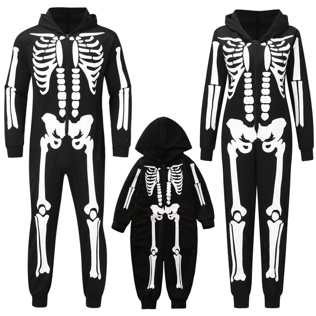 FOCUSNORM Pyjamas Assortis pour la Famille Halloween Imprimé Squelette à Manches Longues avec Capuche et Fermeture Éclair