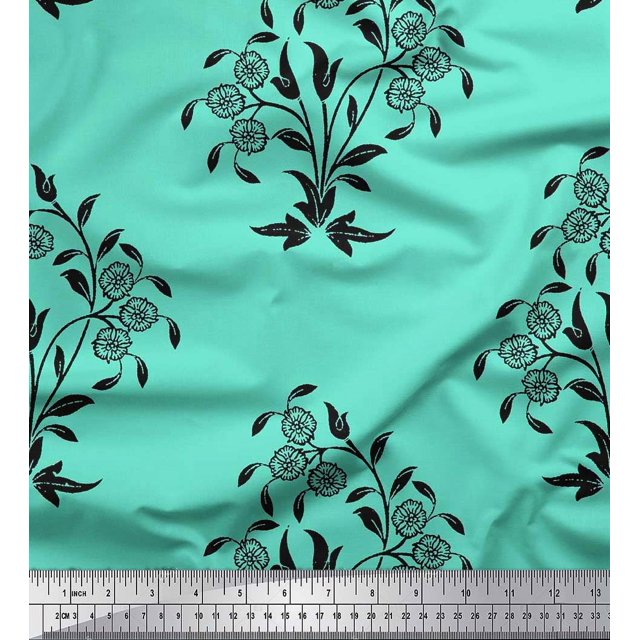 Soimoi polyester Crepe Fabric Leaves & Floral Block Print Sewing Fabric Yard 42 Inch Wide