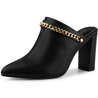 BLISSFUL STEP Sandales Mules à Talon Bloc à Enfiler à Chaîne pour Femme Noir (Taille 7)
