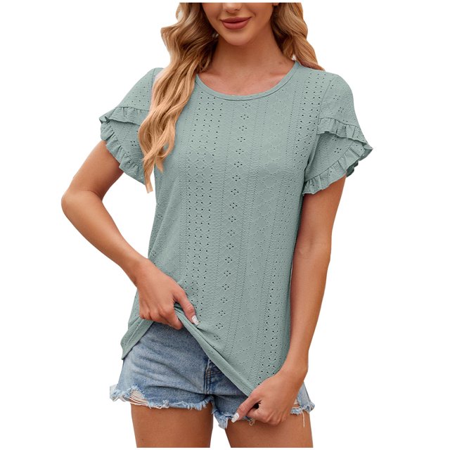 Dealovy Haut d'Été pour Femmes Décontracté Ample à Col Rond T-Shirts à Oeillets à Manches Courtes Tunique à Volants