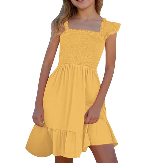 LUOGENLI Robe Filles Robes d'Été Smockées Sans Manches avec Poches Robe pour Filles Robe Crayon Midi Jaune 11-12 Ans
