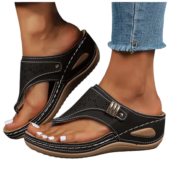 Women's Orthopedic Wedge Sandals Casual Platform Slip On Open Toe Sandals Arch Support Flip Flops Dress Shoes Black Size 5.5