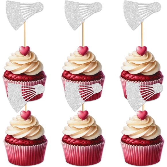 12Pcs Silver Glitter Badminton Shuttlecock Cupcake Toppers, Sports Cupcake Picks for Badminton Lover Kids Birthday Party Cake Decorations