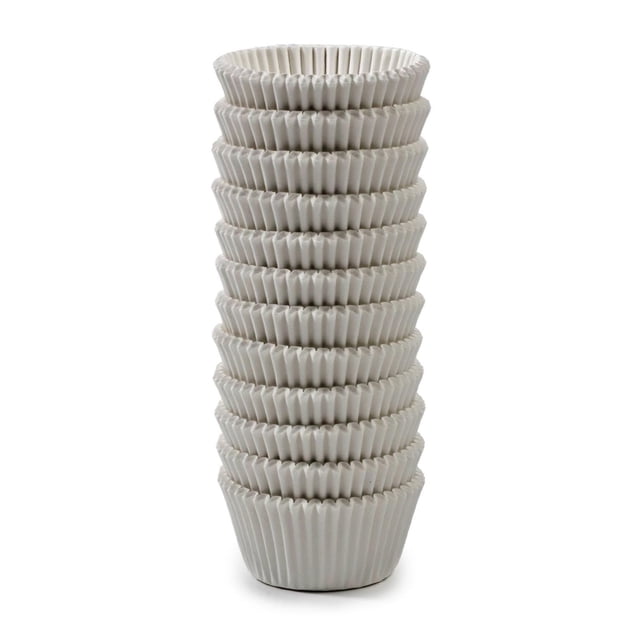 Pillsbury 300 pk White Paper Baking Cupcake Liners stacked in a tall pile, made of white grease-proof paper with pleated sides, ideal for baking muffins and cupcakes, disposable for easy cleanup and preventing sticking, also suitable for serving snacks like nuts or candy.