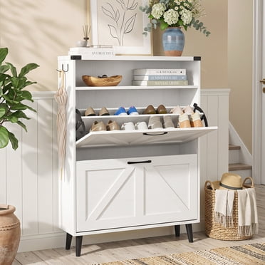 Conate Shoe Cabinet with 2 Flip Drawers Entryway Wooden Sturdy Shoes Rack with Open Storage Shelf, White
