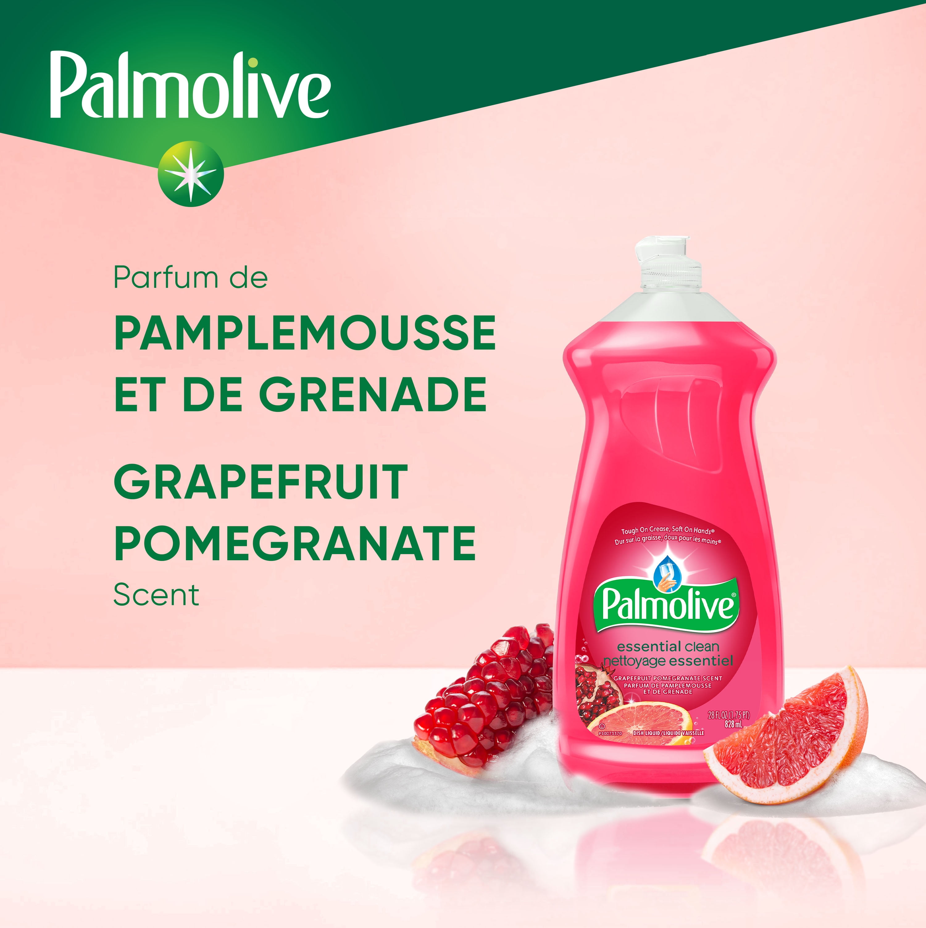 Savon à vaisselle liquide Palmolive Essential Clean, pamplemousse et grenade, 828 mL