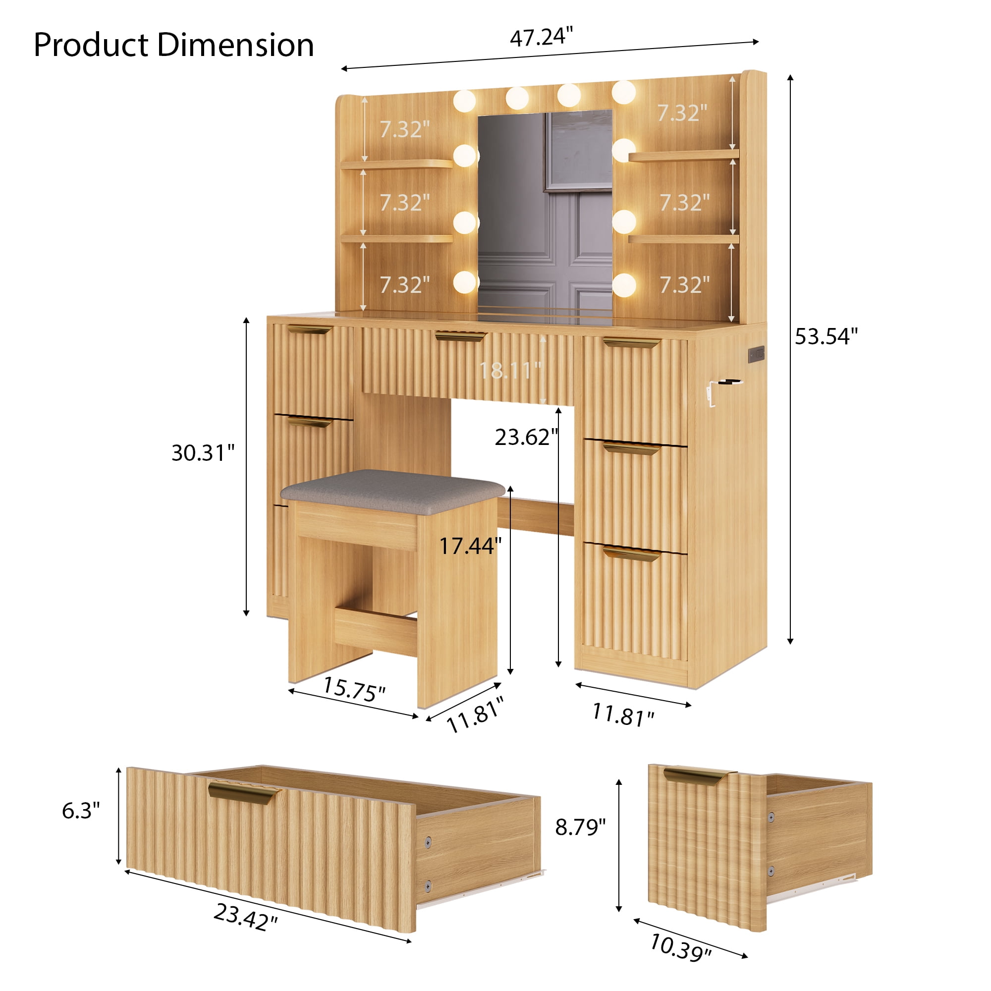 Noble House bureau vanité à 7 tiroirs avec prise de courant et plateau en verre, Design cannelé avec 10 lumières LED miroir et chaise, naturel