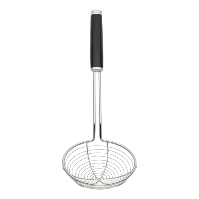 KitchenAid Wire Strainer Black with durable stainless steel wire mesh and a long black handle, designed for safely straining food from hot oil, water, or broth, also suitable for draining pasta, dumplings, or French fries.