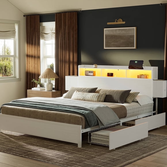GUNAITO Queen Bed Frame with 2 Drawers Headboard Platform Bed Frame with LED Lights Charging Station White