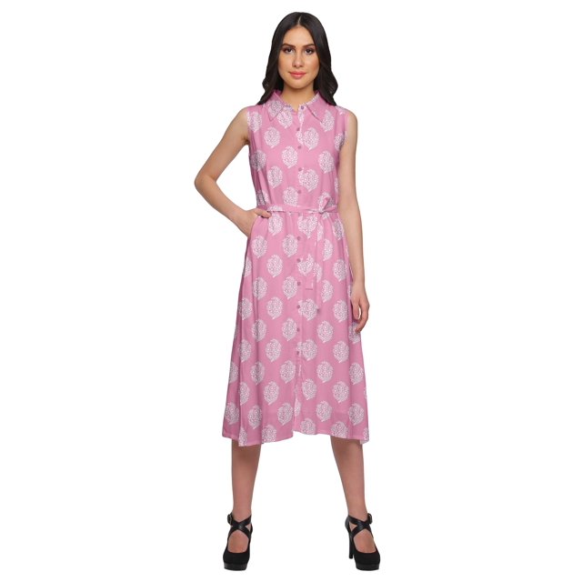 Moomaya Adjustable Fabric Belt Printed Lapel Collar Button Down Casual Dress