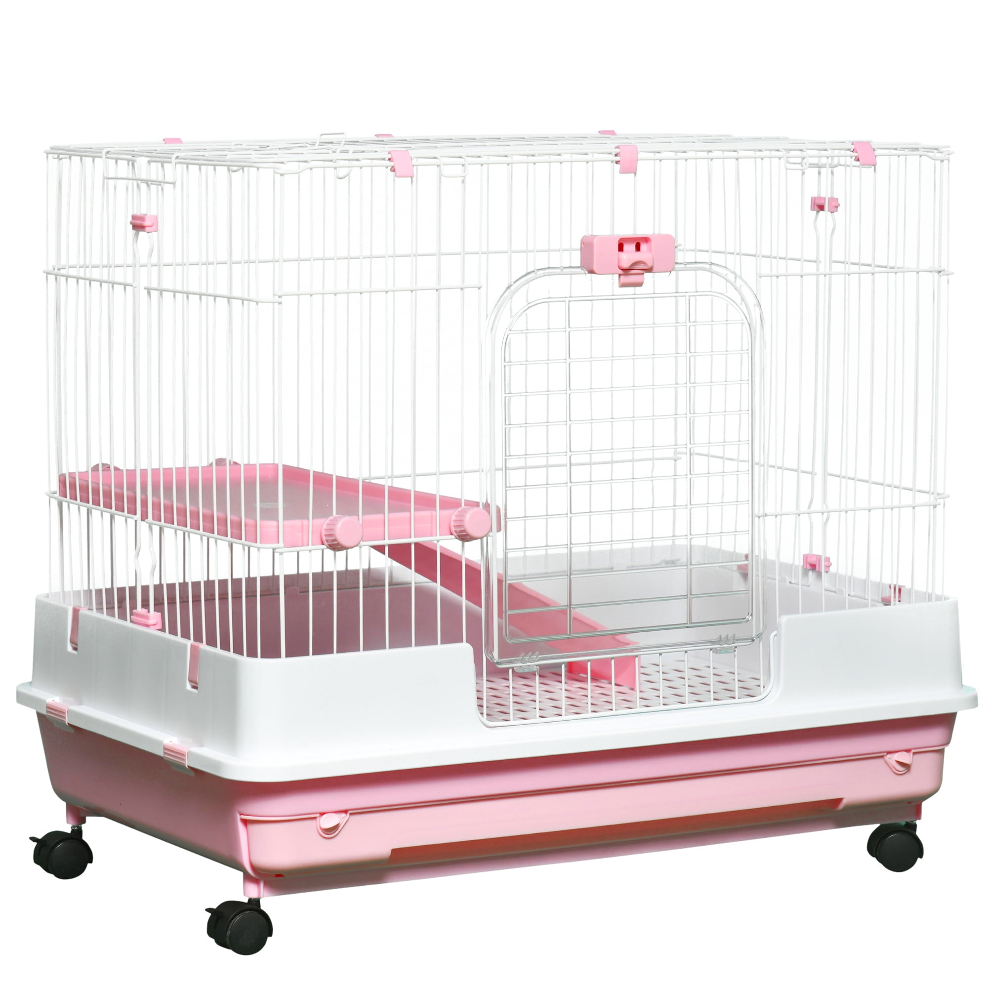 PawHut Cage pour Petits Animaux à 2 Niveaux de 32 Po L avec Roues Universelles Verrouillables, Rose