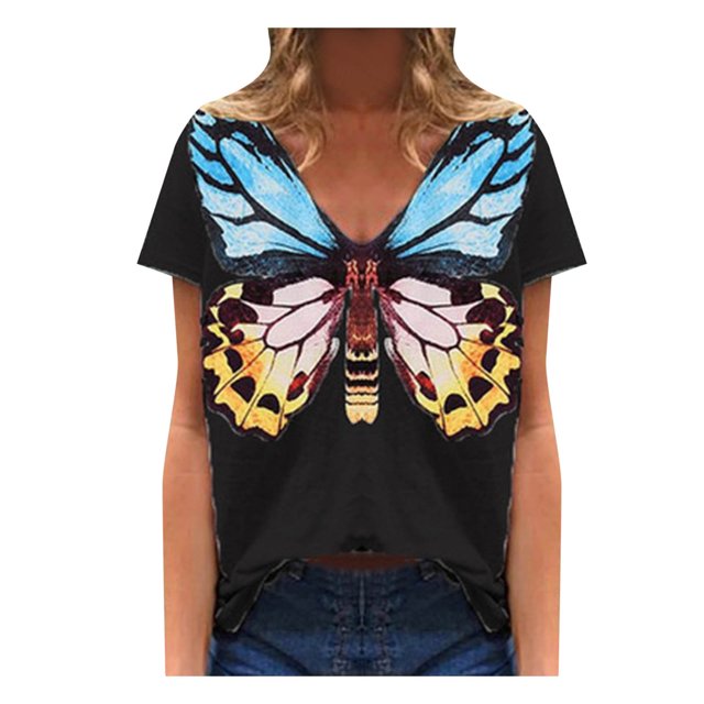 Fridja Summer Butterfly Print Loose-fitting Blouse With Deep V Neck