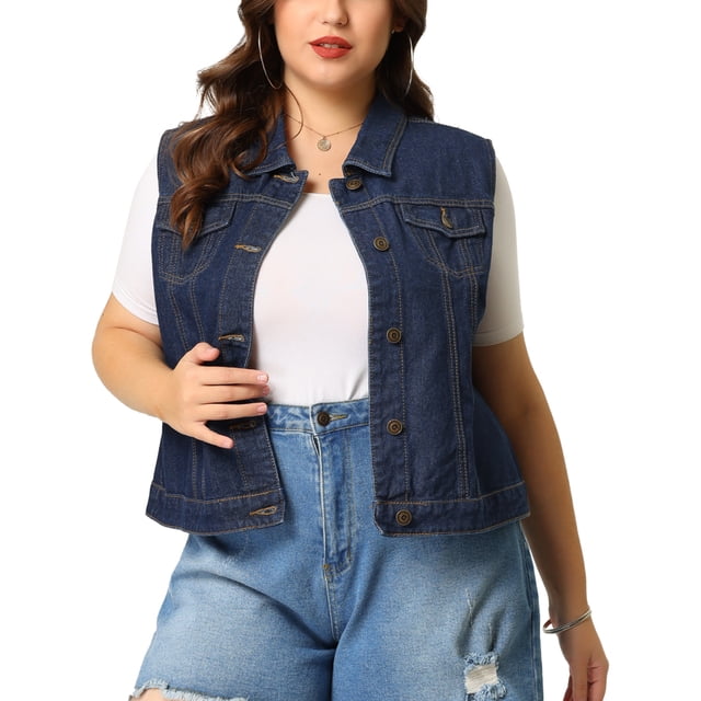 GRACE & GRANDEUR Women's Plus Size Fashion Spring Button Down Sleeveless Jeans Denim Jacket Dark Blue 4X