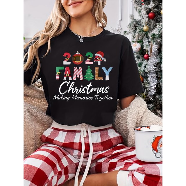 Family Christmas Casual Crew Neck T-Shirt - Polyester Knit Fabric Festive Pattern
