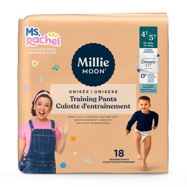 Millie Moon Ms Rachel Training Pants, Size 4T-5T, 18 Count package showing unisex pull-up training pants with DreamFit™ waistband, CloudTouch™ softness, double leak guards, and up to 12 hours of absorbency, featuring exclusive Ms Rachel print on beige packaging.