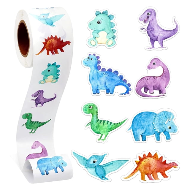 Meitianfacai Dinosaur Pterodactyl Stickers 500pcs Children's Sticker Roll with 8 vibrant dinosaur and pterodactyl designs. Multicolour stickers ideal for decorating water bottles, notebooks, and face makeup crafts. Perfect for kids' gifts, party favours, and school supplies.