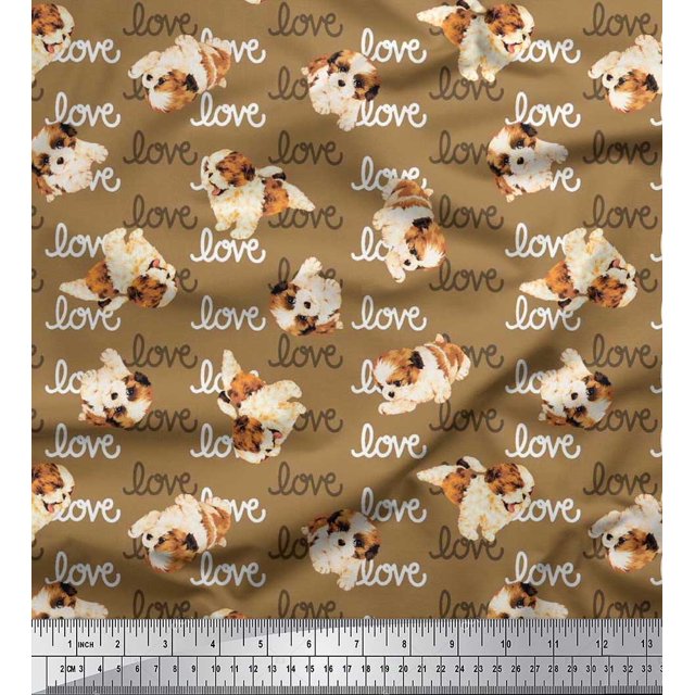 Soimoi polyester Crepe Fabric Love Text & Puppies Dog Fabric Prints By Yard 42 Inch Wide
